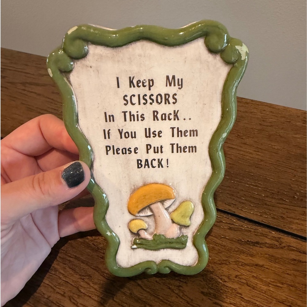 Vintage Ceramic Scissor Holder Mushroom Wall Plaque Wall Pocket Kitsch Decor